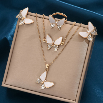 Set de bijuterii cu patru piese, cu motiv fluture: cercei, colier, inel și brățară, cu strasuri, feminin și elegant