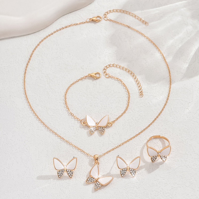 Set de bijuterii cu patru piese, cu motiv fluture: cercei, colier, inel și brățară, cu strasuri, feminin și elegant
