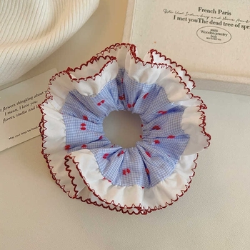 Scrunchie pentru păr, carouri albastre, dublu strat, cu volane, stil coreean