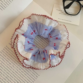 Scrunchie pentru păr, carouri albastre, dublu strat, cu volane, stil coreean