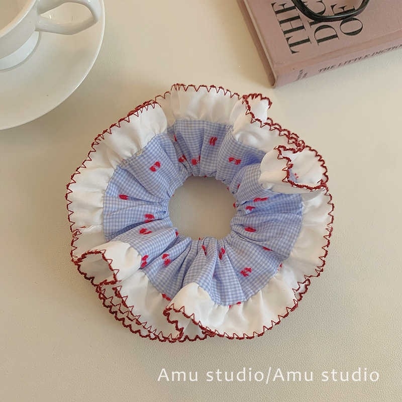 Scrunchie pentru păr, carouri albastre, dublu strat, cu volane, stil coreean