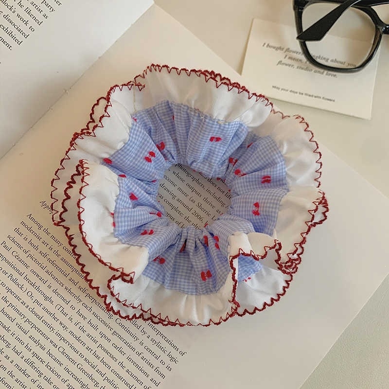 Scrunchie pentru păr, carouri albastre, dublu strat, cu volane, stil coreean