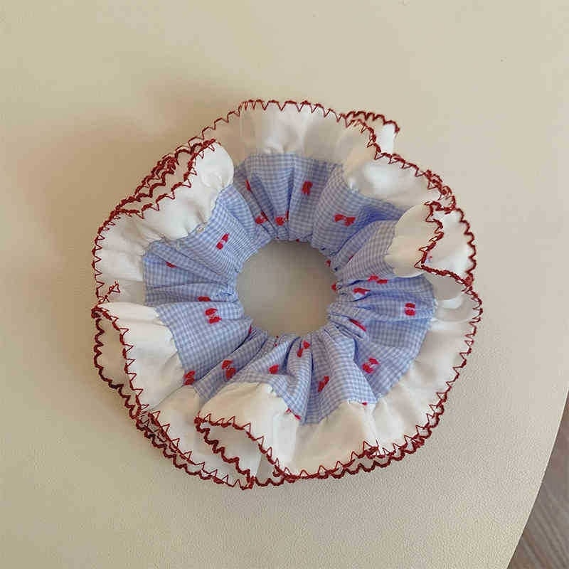 Scrunchie pentru păr, carouri albastre, dublu strat, cu volane, stil coreean