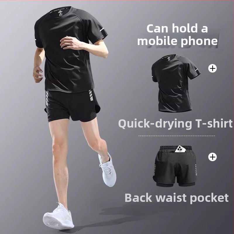 Set de alergare pentru bărbați din material cu uscare rapidă — tricou cu mânecă scurtă și șorturi, echipament de antrenament de vară pentru maraton