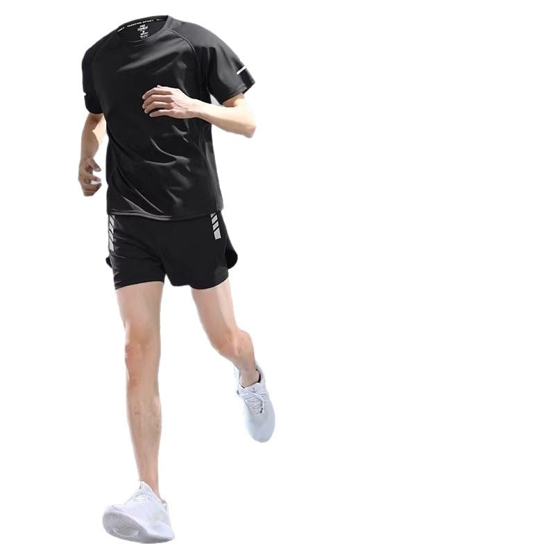 Set de alergare pentru bărbați din material cu uscare rapidă — tricou cu mânecă scurtă și șorturi, echipament de antrenament de vară pentru maraton