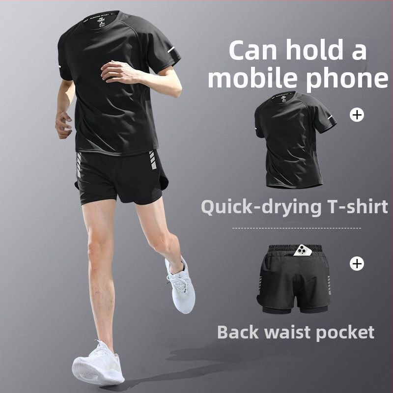 Set de alergare pentru bărbați din material cu uscare rapidă — tricou cu mânecă scurtă și șorturi, echipament de antrenament de vară pentru maraton