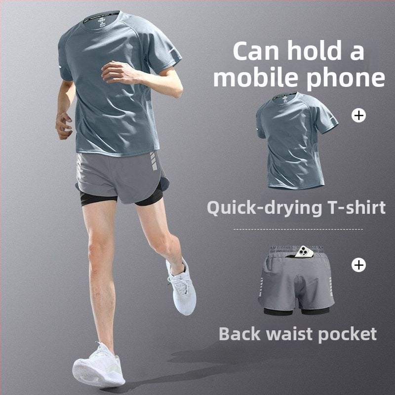 Set de alergare pentru bărbați din material cu uscare rapidă — tricou cu mânecă scurtă și șorturi, echipament de antrenament de vară pentru maraton