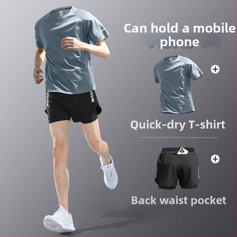 Set de alergare pentru bărbați din material cu uscare rapidă — tricou cu mânecă scurtă și șorturi, echipament de antrenament de vară pentru maraton