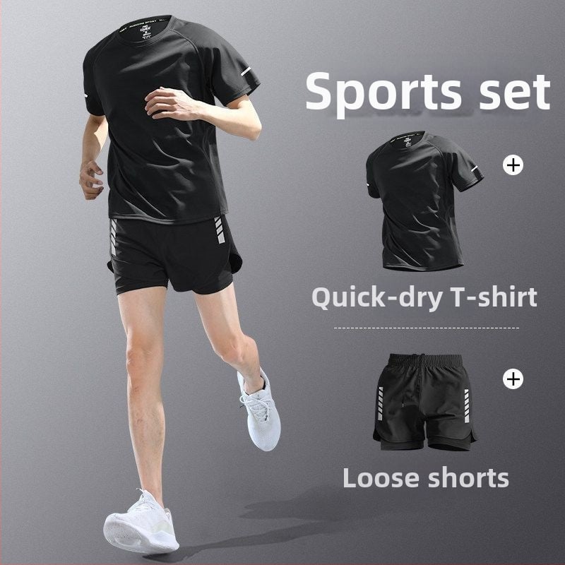 Set de alergare pentru bărbați din material cu uscare rapidă — tricou cu mânecă scurtă și șorturi, echipament de antrenament de vară pentru maraton
