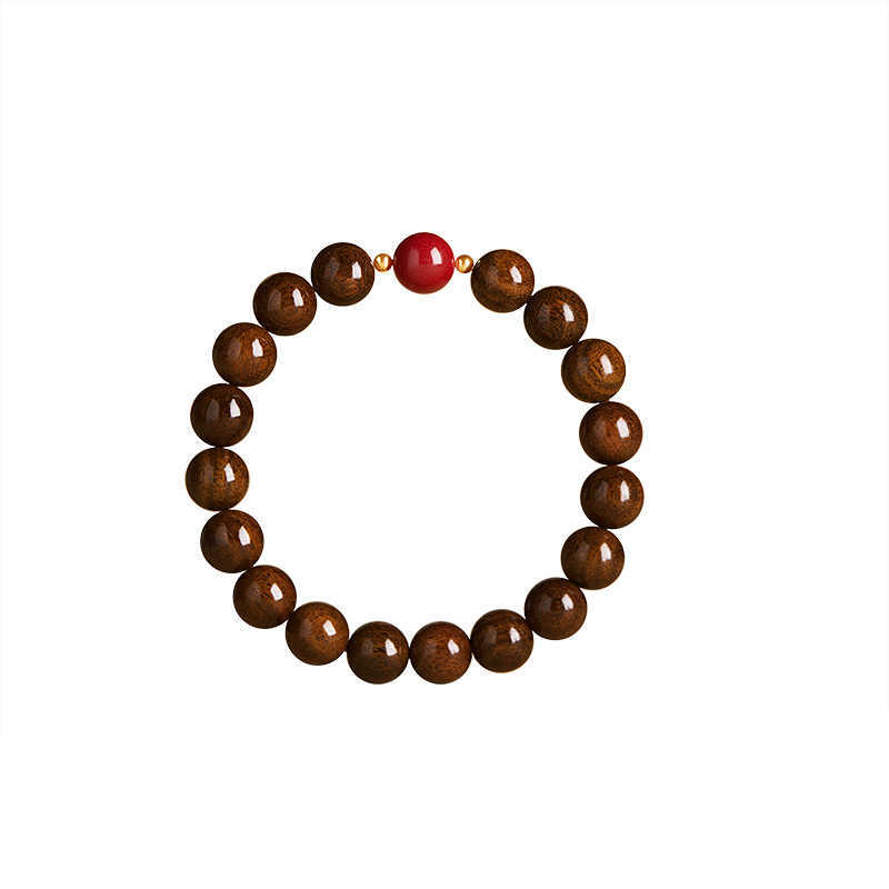 Brățară din lemn de santal cu fir auriu, mărgele Buddha naturale și accente de cinabru – unisex