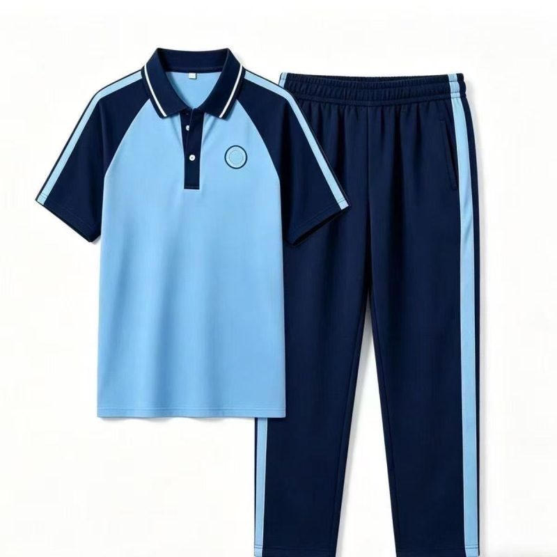 Uniformă școlară unificată Hui Lai County – set sportiv de vară pentru elevi din învățământ primar, tricou cu mânecă scurtă și pantaloni lungi, două piese