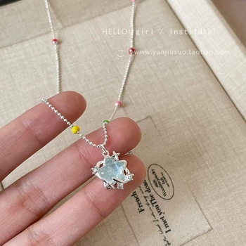 Ocean Star Colier cu mărgele albastre pentru femei, design delicat cu stea, stil de vacanță la malul mării