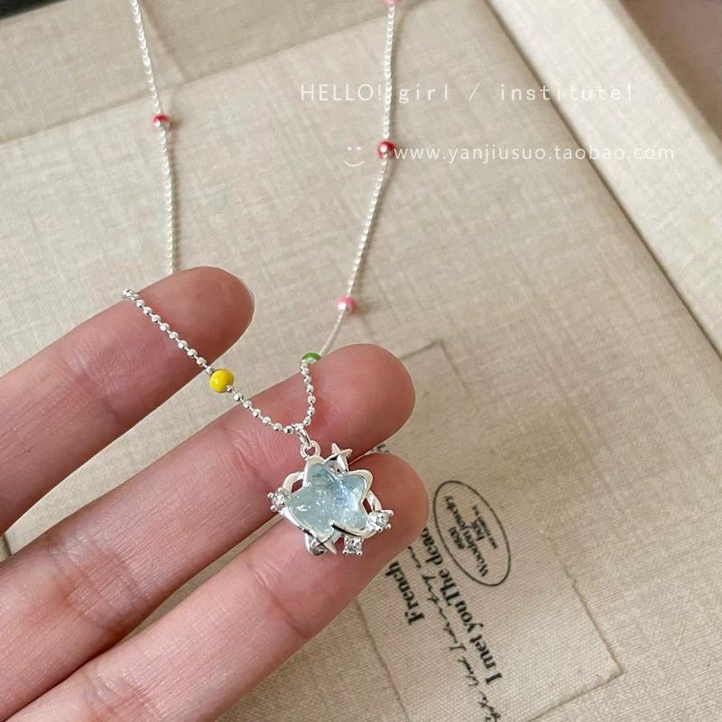 Ocean Star Colier cu mărgele albastre pentru femei, design delicat cu stea, stil de vacanță la malul mării