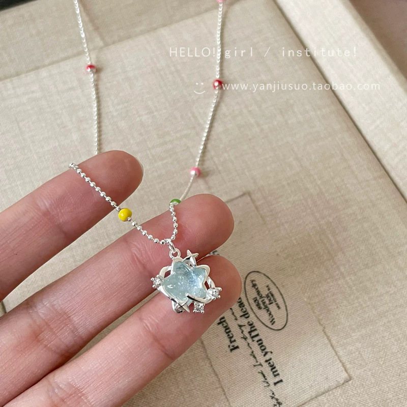 Ocean Star Colier cu mărgele albastre pentru femei, design delicat cu stea, stil de vacanță la malul mării