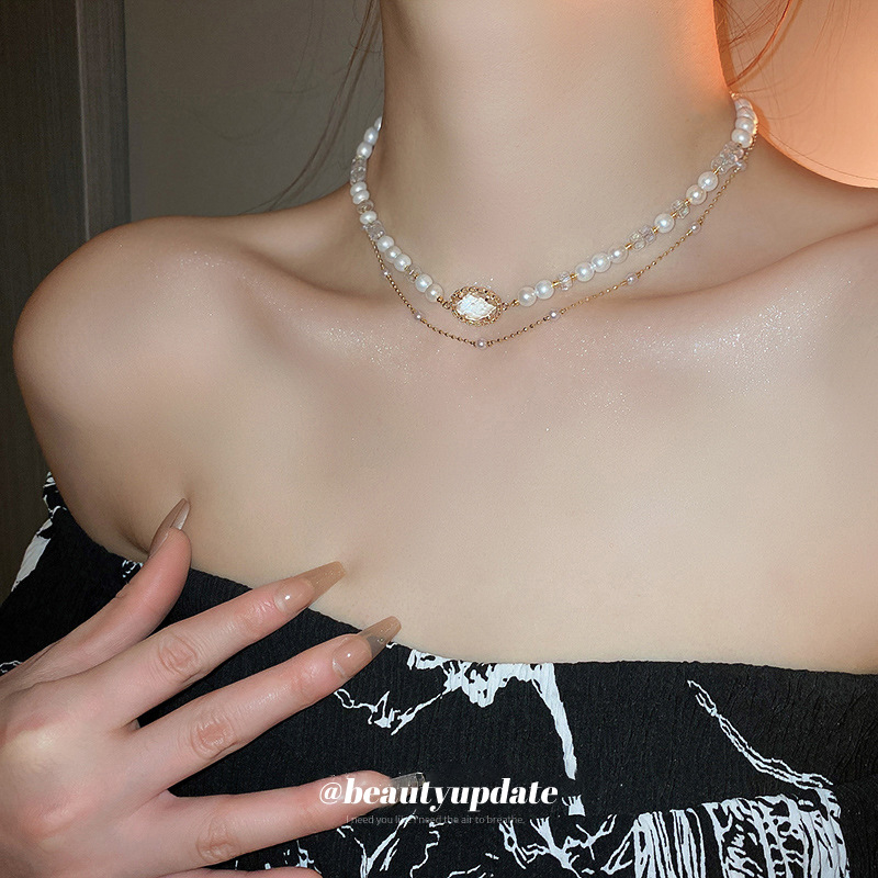 Colier franțuzesc vintage cu perle artificiale, dublu strat, lanț pentru claviculă în stil Chanel, design de înaltă clasă pentru femei