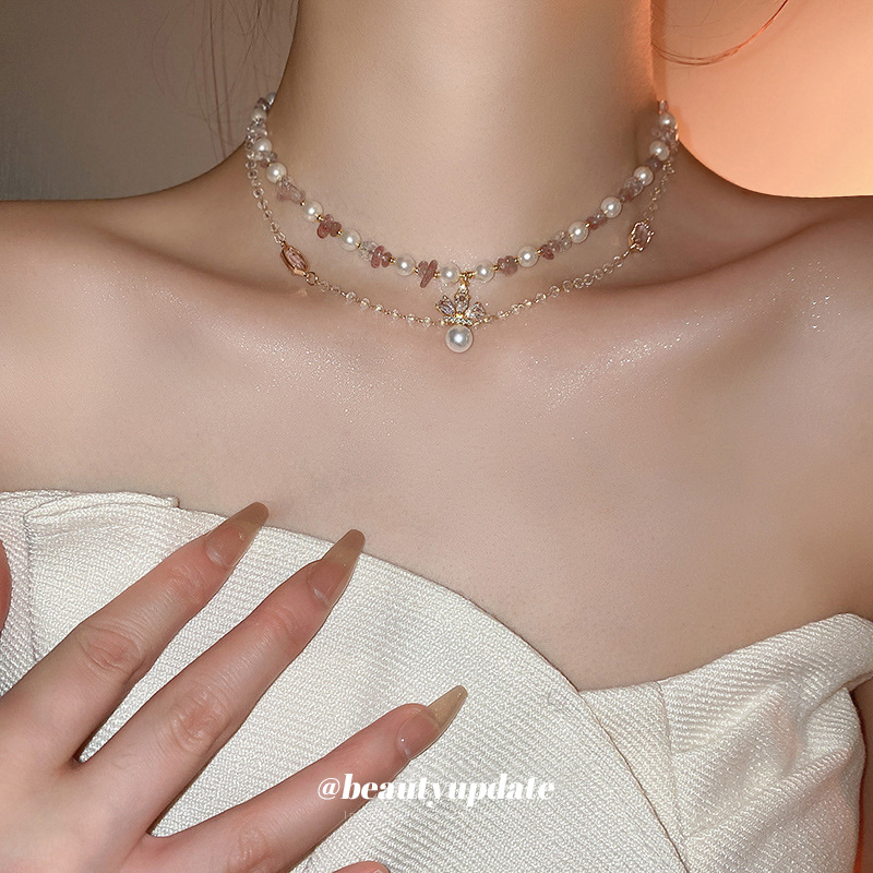 Colier franțuzesc vintage cu perle artificiale, dublu strat, lanț pentru claviculă în stil Chanel, design de înaltă clasă pentru femei