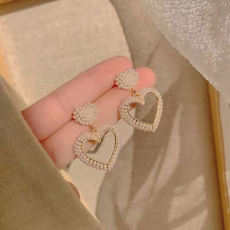 Cercei cu inimă dublă, diamante și perle, stil franțuzesc, pentru femei, eleganți și versatili