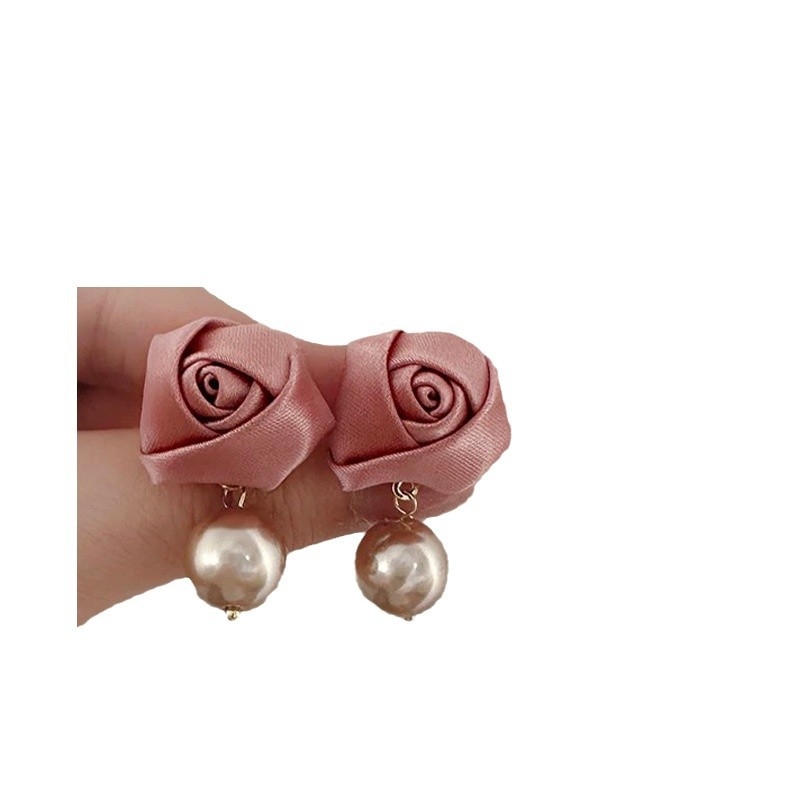 Cercei cu perle roz 3D în formă de trandafir pentru femei, lucrate manual, vară 2024, bijuterii florale dulci cu aer luxos