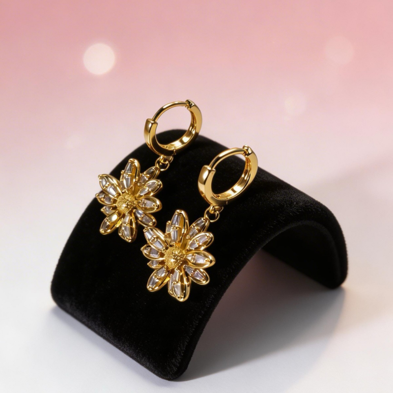 Cercei hoop din alamă placate cu aur 14K, cu mici margarete – stil minimalist feminin