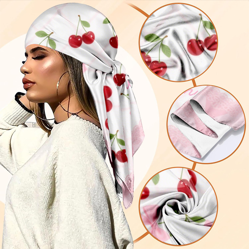 Turban pentru femei din mătase artificială, imprimeu cu cireșe, accesorii elegante de modă, stil toamnă-primăvară, 70x70 cm