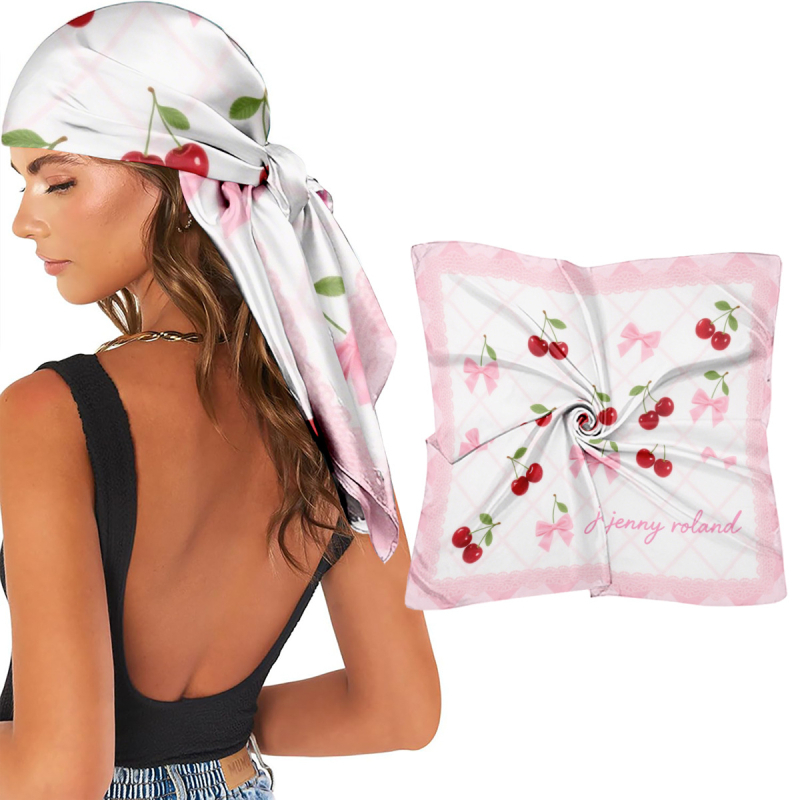 Turban pentru femei din mătase artificială, imprimeu cu cireșe, accesorii elegante de modă, stil toamnă-primăvară, 70x70 cm