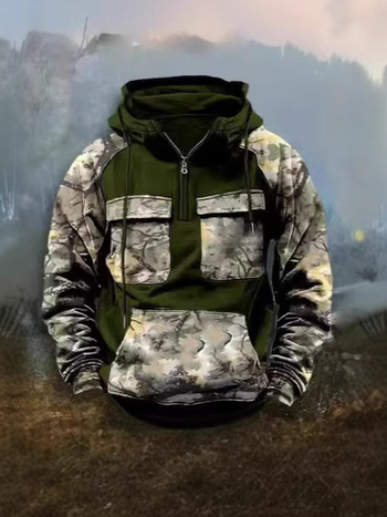 Hanorac bărbați camuflat cu glugă, fermoar, croială lejeră, stil casual pentru toamnă-iarnă