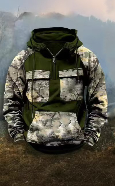 Hanorac bărbați camuflat cu glugă, fermoar, croială lejeră, stil casual pentru toamnă-iarnă