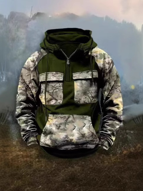 Hanorac bărbați camuflat cu glugă, fermoar, croială lejeră, stil casual pentru toamnă-iarnă