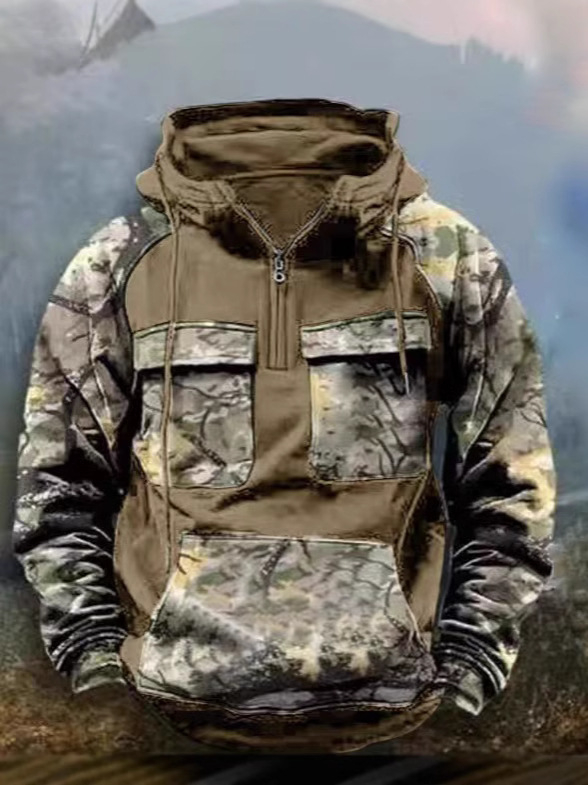 Hanorac bărbați camuflat cu glugă, fermoar, croială lejeră, stil casual pentru toamnă-iarnă