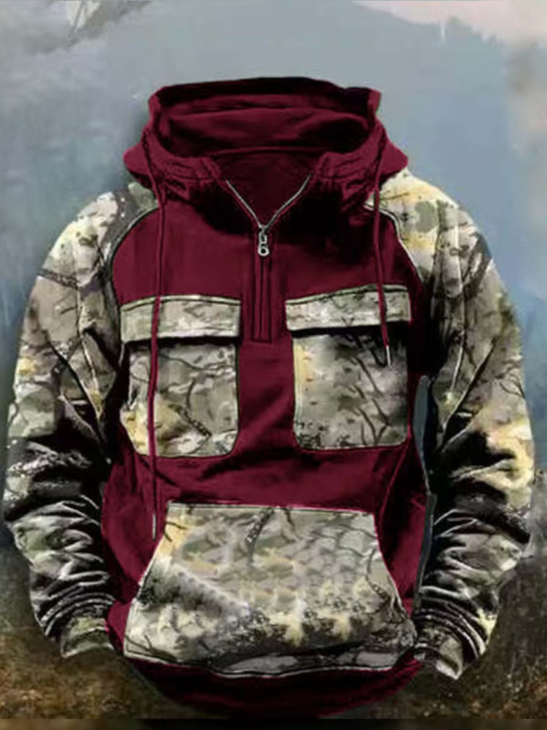 Hanorac bărbați camuflat cu glugă, fermoar, croială lejeră, stil casual pentru toamnă-iarnă