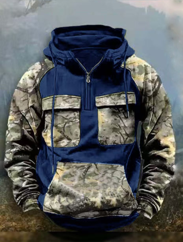 Hanorac bărbați camuflat cu glugă, fermoar, croială lejeră, stil casual pentru toamnă-iarnă