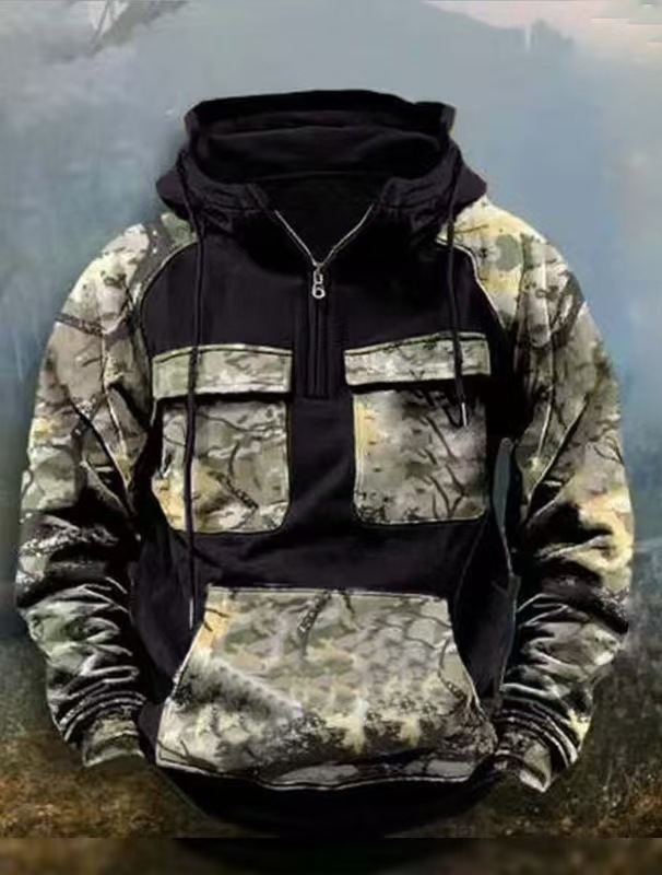 Hanorac bărbați camuflat cu glugă, fermoar, croială lejeră, stil casual pentru toamnă-iarnă