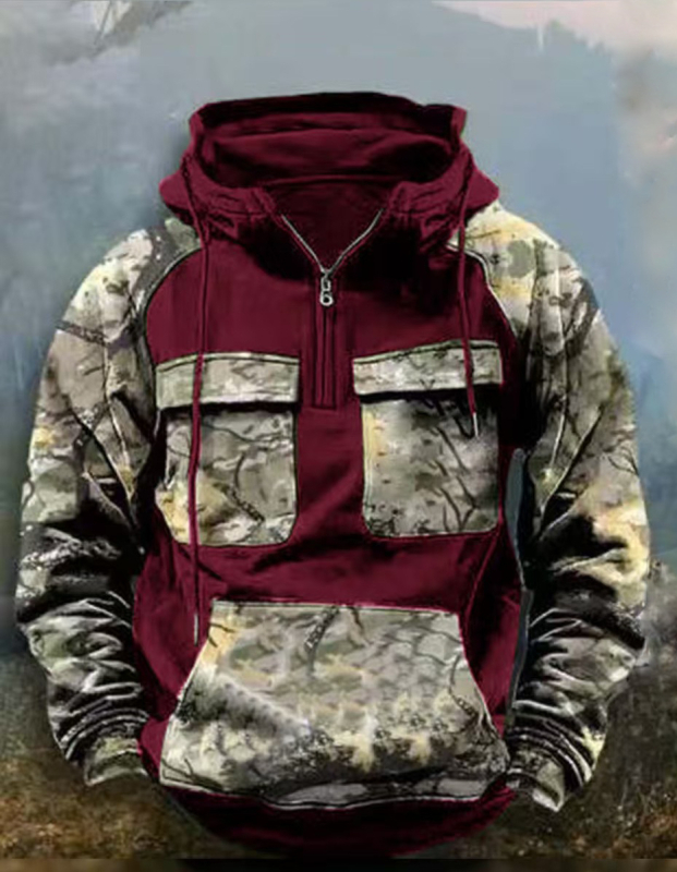 Hanorac bărbați camuflat cu glugă, fermoar, croială lejeră, stil casual pentru toamnă-iarnă