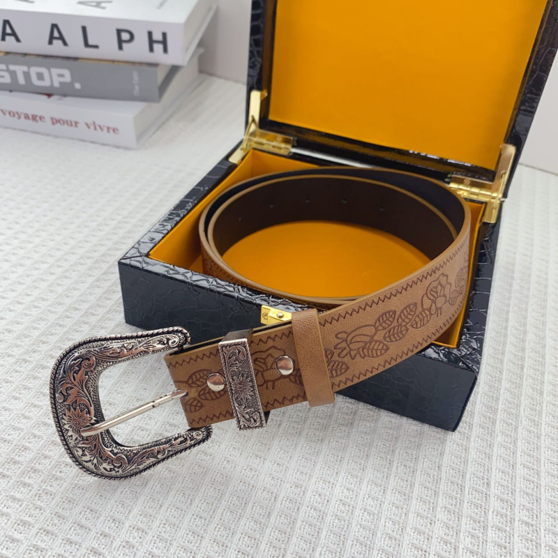 Centură lată în stil american, maro vintage, din piele sintetică, lățime 3.3 cm, lungime 105 cm, cataramă din aliaj, accesoriu minimalist elegant