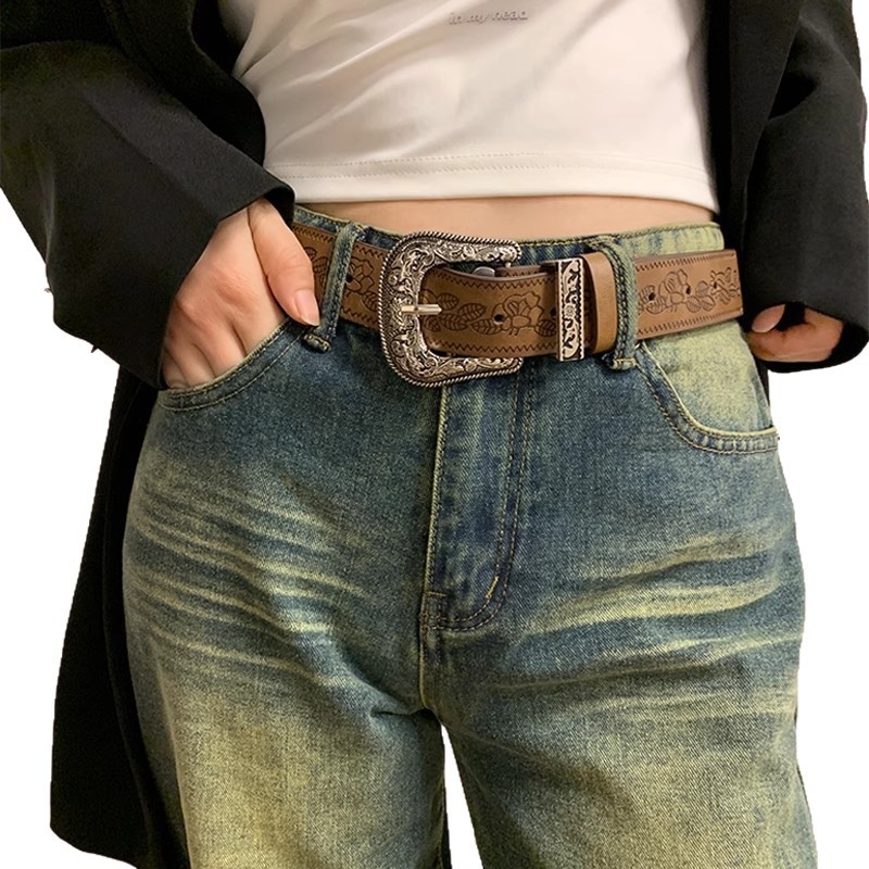 Centură lată în stil american, maro vintage, din piele sintetică, lățime 3.3 cm, lungime 105 cm, cataramă din aliaj, accesoriu minimalist elegant