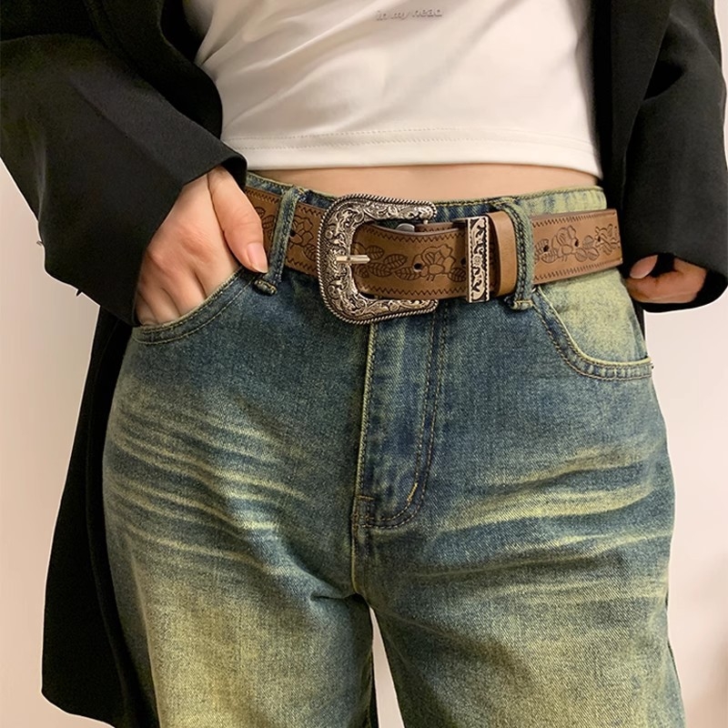 Centură lată în stil american, maro vintage, din piele sintetică, lățime 3.3 cm, lungime 105 cm, cataramă din aliaj, accesoriu minimalist elegant