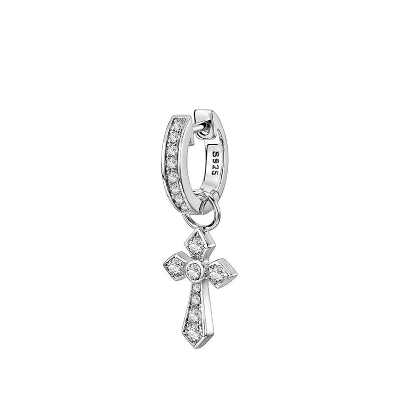 Cercei cu știft din argint 925, două moduri de purtare, cruce cu diamant, stil minimalist masculin