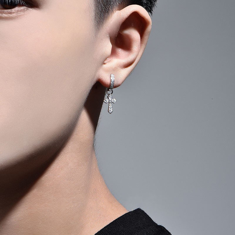 Cercei cu știft din argint 925, două moduri de purtare, cruce cu diamant, stil minimalist masculin