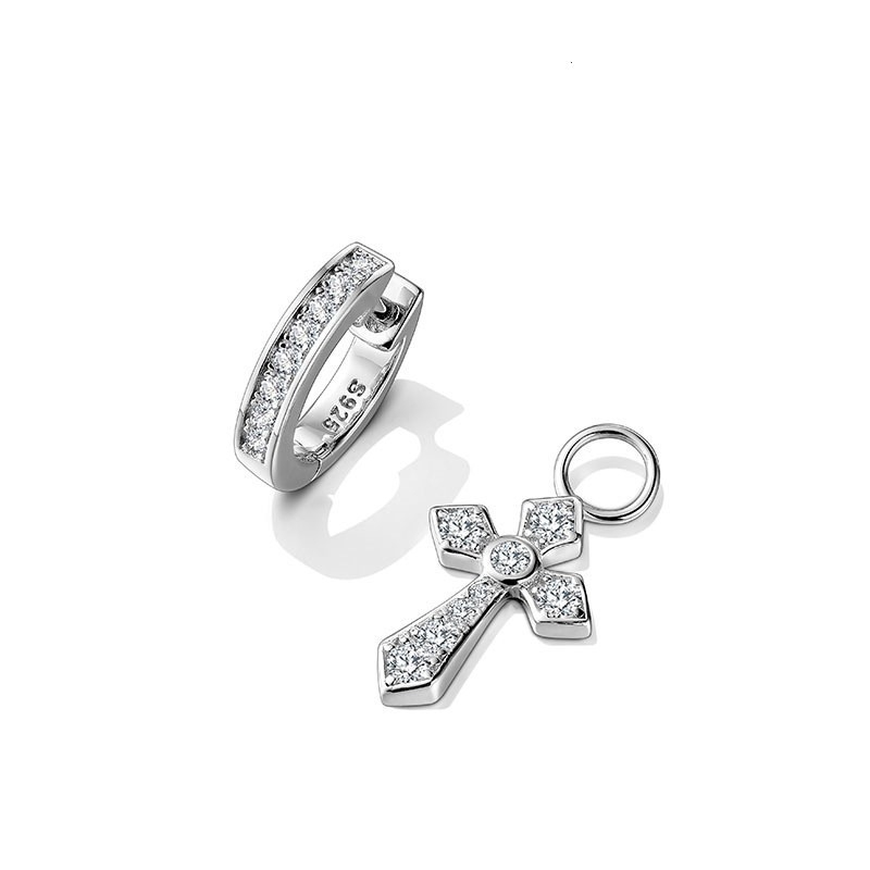 Cercei cu știft din argint 925, două moduri de purtare, cruce cu diamant, stil minimalist masculin