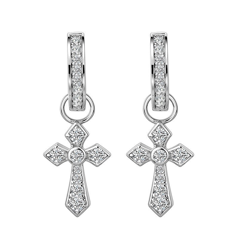 Cercei cu știft din argint 925, două moduri de purtare, cruce cu diamant, stil minimalist masculin
