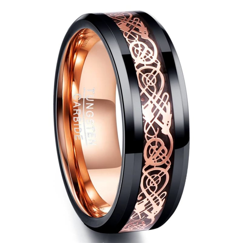 Inel din wolfram, negru, lățime 8 mm, cu motiv dragon placat cu aur roz