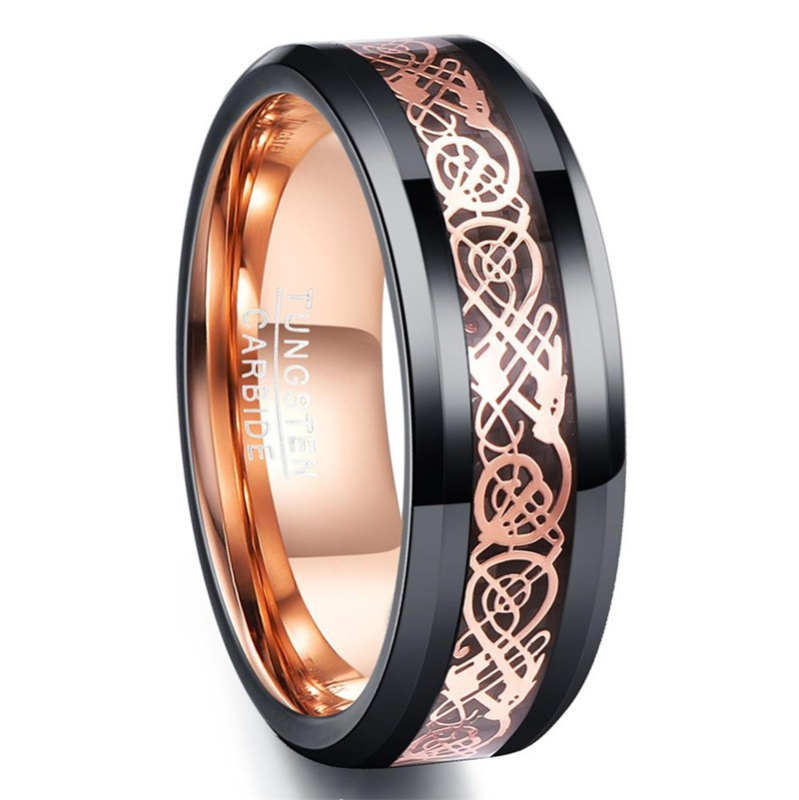 Inel din wolfram, negru, lățime 8 mm, cu motiv dragon placat cu aur roz