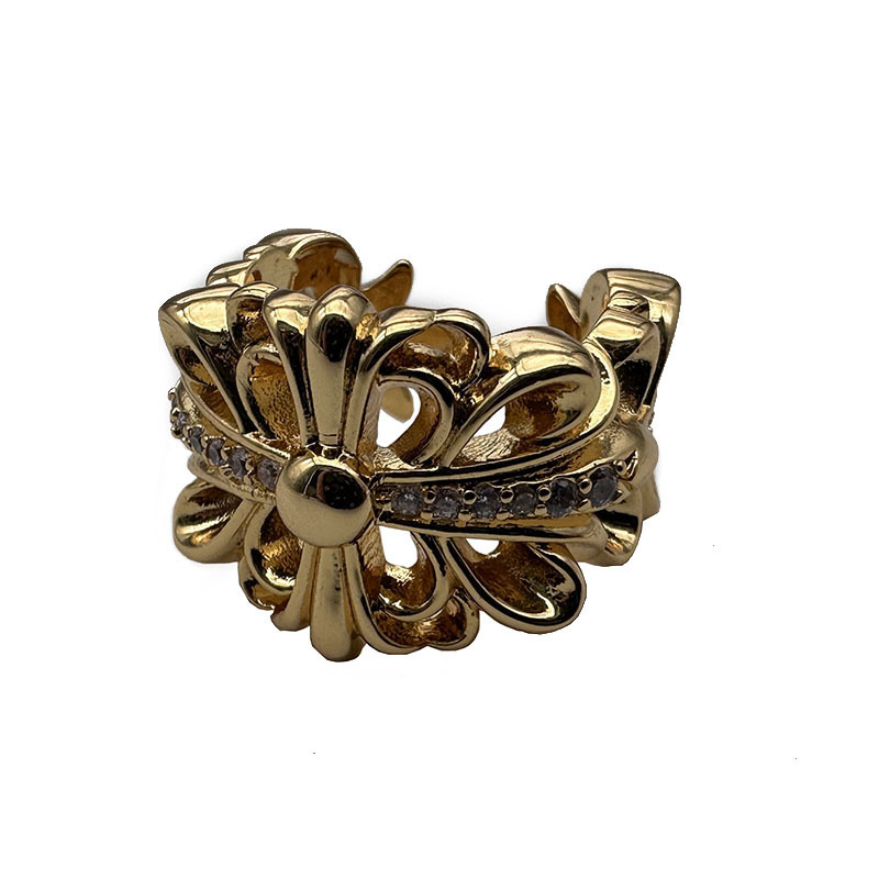 Inel unisex placat cu 22K, cu diamante, design deschis în cruce florală, inspirație vintage