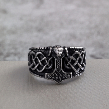 Inel masculin din oțel inoxidabil nordic, stil retro, cu motiv Ciocanul lui Thor