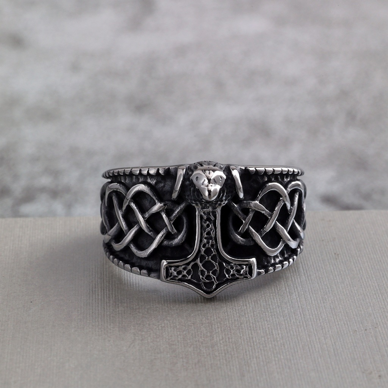 Inel masculin din oțel inoxidabil nordic, stil retro, cu motiv Ciocanul lui Thor