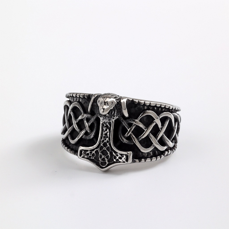 Inel masculin din oțel inoxidabil nordic, stil retro, cu motiv Ciocanul lui Thor