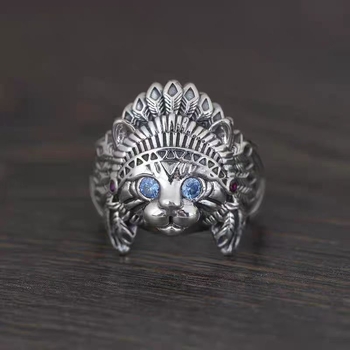 Inel retro cu piatră lunară și argint thailandez, motif pisică indiană, unisex, design sofisticat