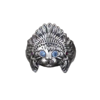 Inel retro cu piatră lunară și argint thailandez, motif pisică indiană, unisex, design sofisticat