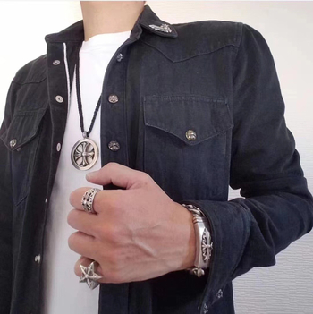 Inel masculin cu o stea mare cu cinci colțuri și cruce vintage, argint thailandez, stil retro, punk
