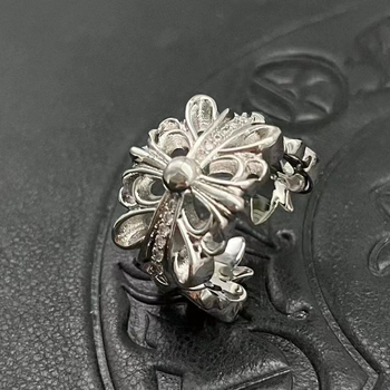 Inel bărbați cu motiv cruce-flori, argint thailandez, placare cu platină, diamant încrustat, stil retro, nișă, la mâna a doua